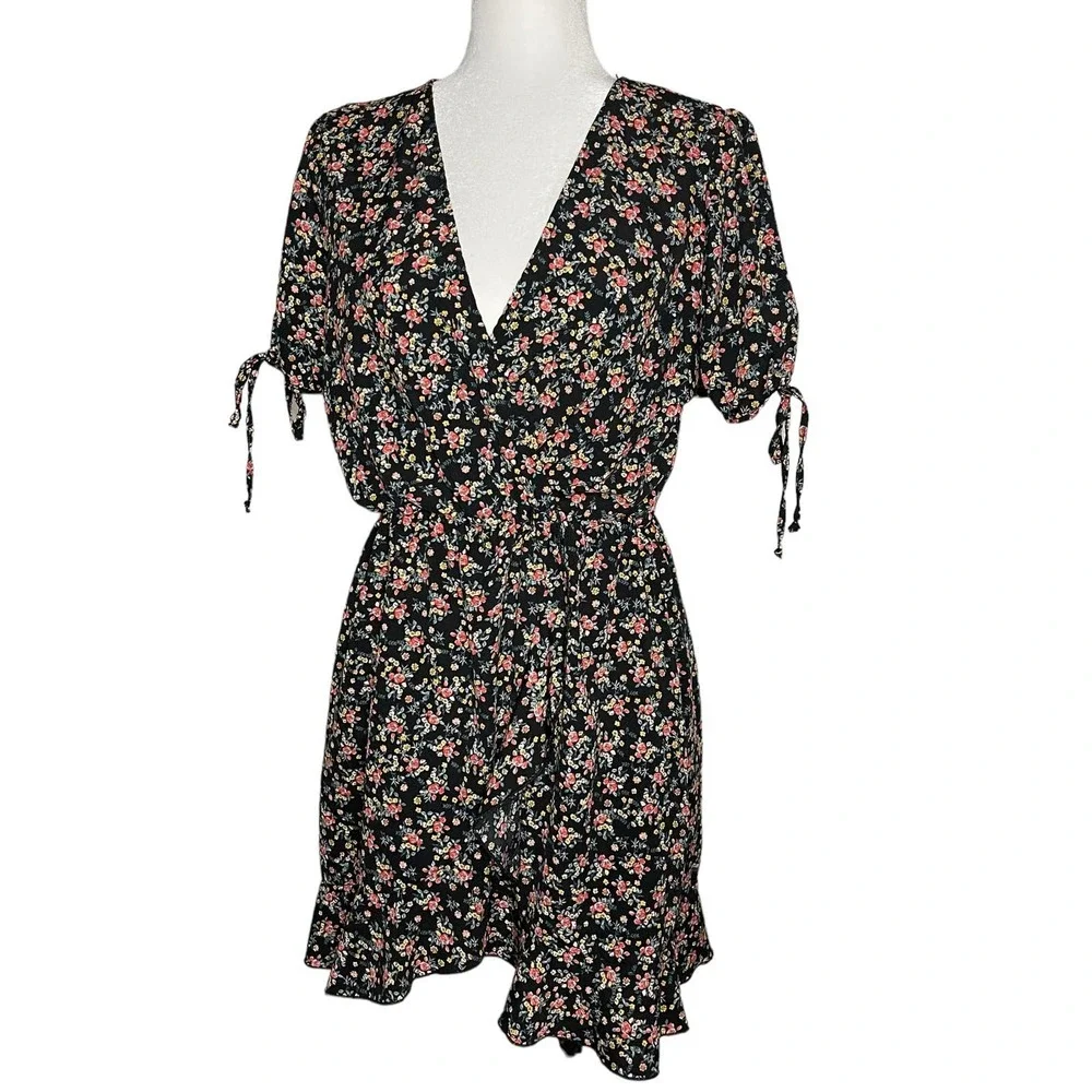 Purple Snow Black Flower Print Mid Length Dress Size Large